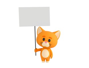Obraz premium Orange Little Cat character holding blank banner in 3d rendering.
