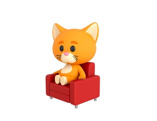 Orange Little Cat character sitting on sofa in 3d rendering.
