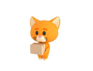 Orange Little Cat character carrying a package in 3d rendering.
