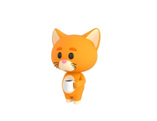 Orange Little Cat character holding white coffee mug in 3d rendering.