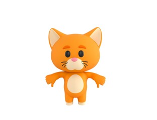 Orange Little Cat character showing thumb down with two hands in 3d rendering.