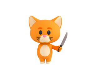 Obraz premium Orange Little Cat character holding sharp knife in 3d rendering.