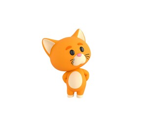 Orange Little Cat character hides hands behind back and look up in 3d rendering.