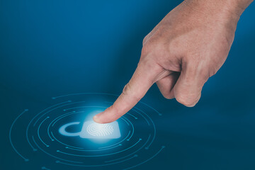 Man use fingerprint to scanning and biometric authentication, processing access personal data.