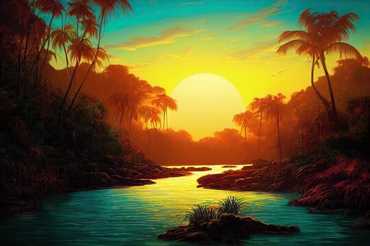 Retro synthwave unexplored amazon jungle river with intense bright hazy 80's reddish orange sunset - tall dense overgrown tropical vegetation and palm trees paradise nostalgia.
