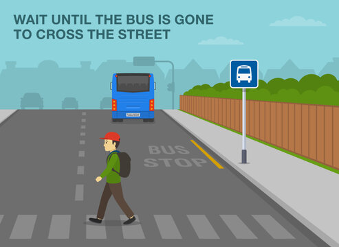 Pedestrian safety and car driving rules. Wait until the bus is gone to cross the street. Young boy crossing the road on crosswalk at bus stop. Flat vector illustration template.