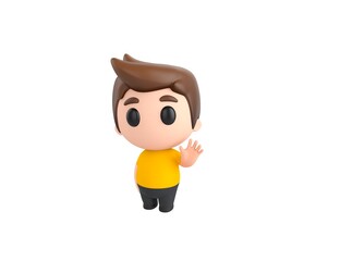 Little boy wearing yellow shirt character saying hi in 3d rendering.
