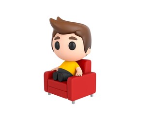 Little boy wearing yellow shirt character sitting on sofa in 3d rendering.