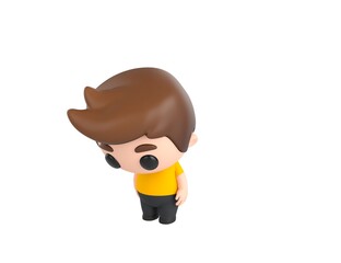 Little boy wearing yellow shirt character looking down in 3d rendering.