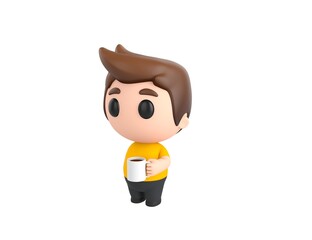 Little boy wearing yellow shirt character holding white coffee mug in 3d rendering.