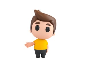 Little boy wearing yellow shirt character Giving a helping hand in 3d rendering.
