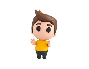Little boy wearing yellow shirt character applauding in 3d rendering.