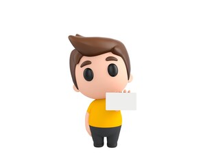 Little boy wearing yellow shirt character holding white card in 3d rendering.