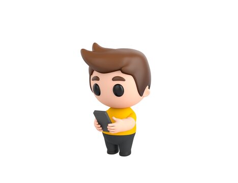 Little boy wearing yellow shirt character types text message on cell phone in 3d rendering.