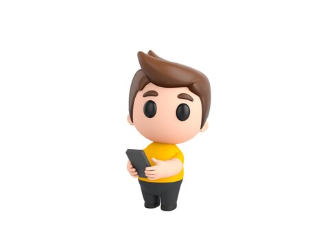 Little boy wearing yellow shirt character using smartphone and looking to camera in 3d rendering.