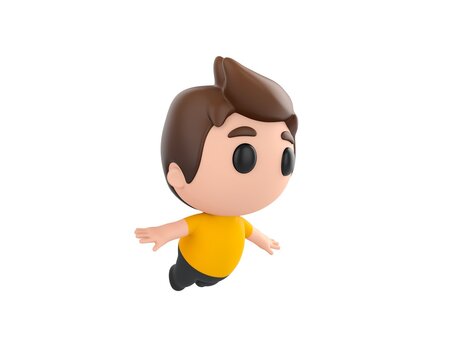 Little boy wearing yellow shirt character flying in 3d rendering.