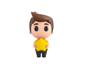 Little boy wearing yellow shirt character holding star in 3d rendering.