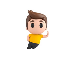 Little boy wearing yellow shirt character leaning against a wall in 3d rendering.