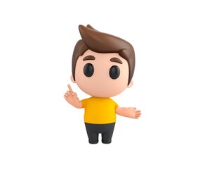 Little boy wearing yellow shirt character giving information in 3d rendering.