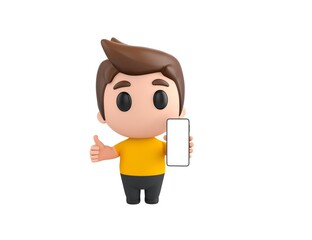 Little boy wearing yellow shirt character show his phone and give thumb up in 3d rendering.