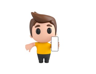 Little boy wearing yellow shirt character show his phone and give thumb down in 3d rendering.