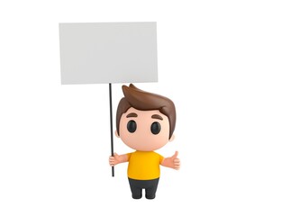 Little boy wearing yellow shirt character holding a blank billboard and give thumb up in 3d rendering.