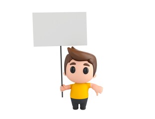 Little boy wearing yellow shirt character holding a blank billboard and give thumb down in 3d rendering.