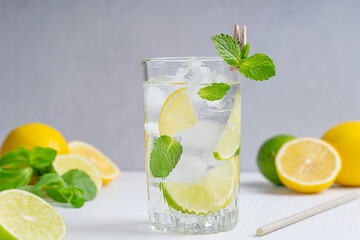 Homemade sweet organic cold lemonade or mojito cocktail made of lime and lemon slices, mint leaves, soda and ice cubes served in glass on white wooden table with ingredients used as refreshing drink