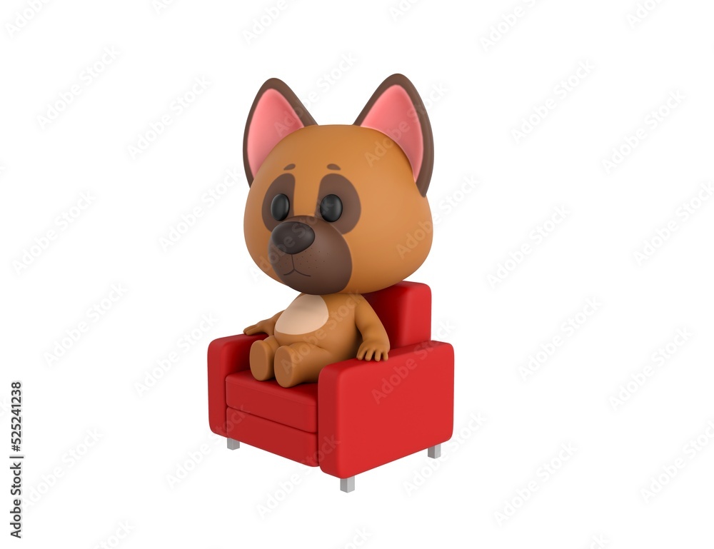 Poster german shepherd dog character sitting on sofa in 3d rendering.