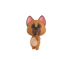 German Shepherd Dog character holding hand near mouth silence gesture in 3d rendering.