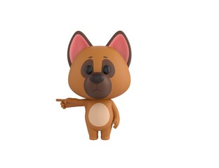 German Shepherd Dog character pointing his finger to the left in 3d rendering.