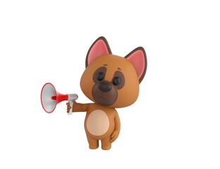 German Shepherd Dog character speaking in megaphone in 3d rendering.