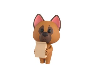 German Shepherd Dog character holding paper containers for takeaway food in 3d rendering.