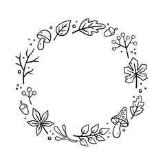 Autumn decorative frame, template with Autumn elements - mushrooms, oak leaves, maple leaves, autumn leaves, acorns, dry twigs. Vector illustration in Doodle style.