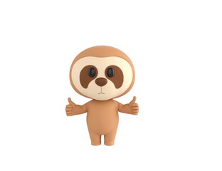Little Sloth character showing thumb up with two hands in 3d rendering.