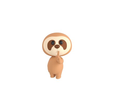 Little Sloth character holding hand near mouth silence gesture in 3d rendering.