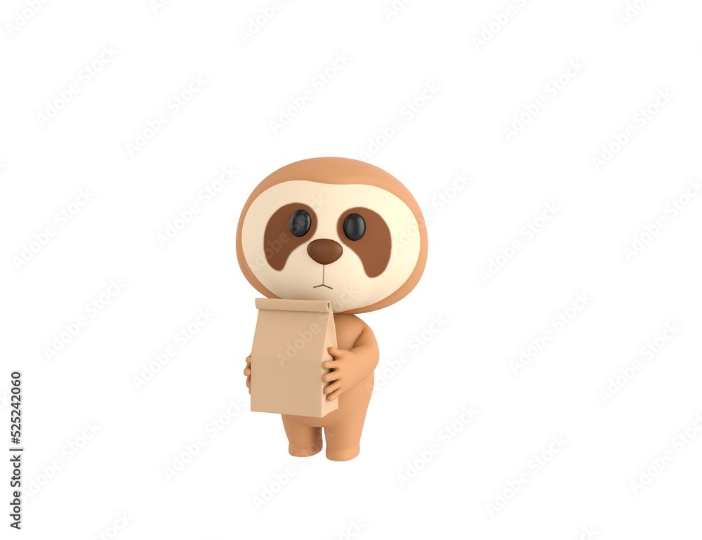 Poster Little Sloth character holding paper containers for takeaway food in 3d rendering.