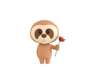 Little Sloth character holding flower in 3d rendering.