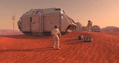 Mars colony. Expedition on alien planet. Life on Mars. 3d Illustration. - 525242475