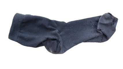 Old torn black sock on a white background. Isolated. Top view.