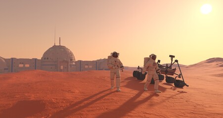 Mars colony. Expedition on alien planet. Life on Mars. 3d Illustration. - 525242664