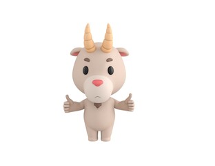 Little Goat character showing thumb up with two hands in 3d rendering.