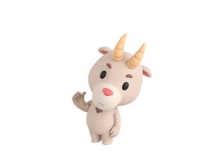 Little Goat character pointing back thumb up empty space in 3d rendering.