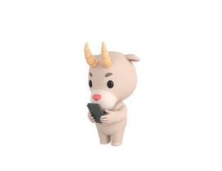 Little Goat character types text message on cell phone in 3d rendering.