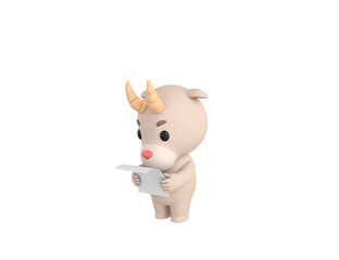 Little Goat character reading paper in 3d rendering.