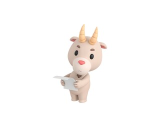 Little Goat character reading paper and looking to camera in 3d rendering.