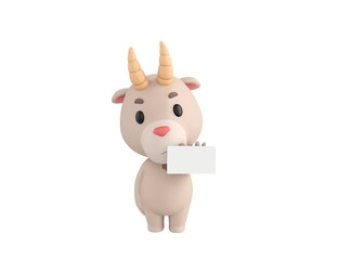 Little Goat character holding white card in 3d rendering.