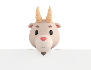 Little Goat character standing behind the big white blank banner  in 3d rendering.