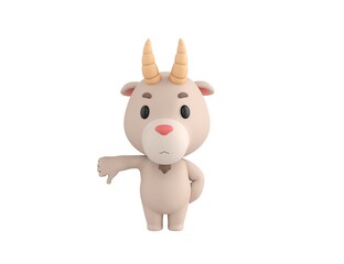Little Goat character showing thumb down in 3d rendering.