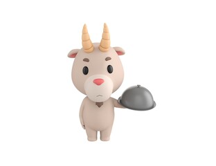 Little Goat character serving a meal under a silver cloche or dome in 3d rendering.